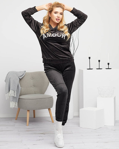 Schwarzes Damen-Trainingsanzug-Set mit Aufschrift und Kristallen - Kleidung