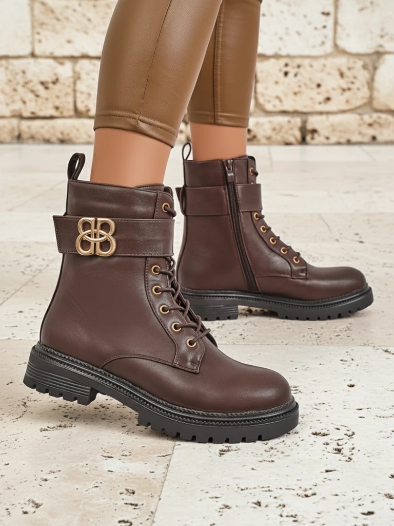 Braune Castorina Lederstiefeletten mit Reißverschluss, runder Spitze, Öko-Leder