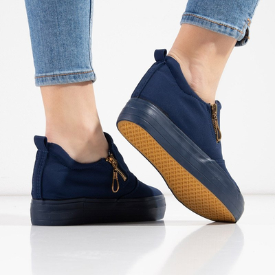 Dunkelblaue Damenbrogues auf einem Indoor-Keilabsatz mit goldenen Reißverschlüssen Leonita - Footwear