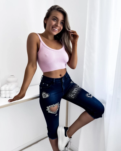 Темно-сині жіночі джинсові шорти 3/4 з цирконами - Одяг