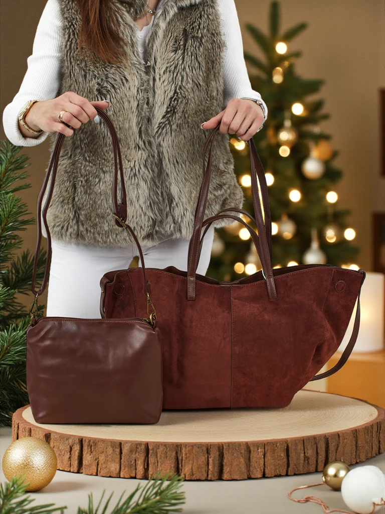 Damen Shopper Handtasche Öko-Wildleder mit kleinerer Öko-Leder Handtasche im 2in1 Set Elinea