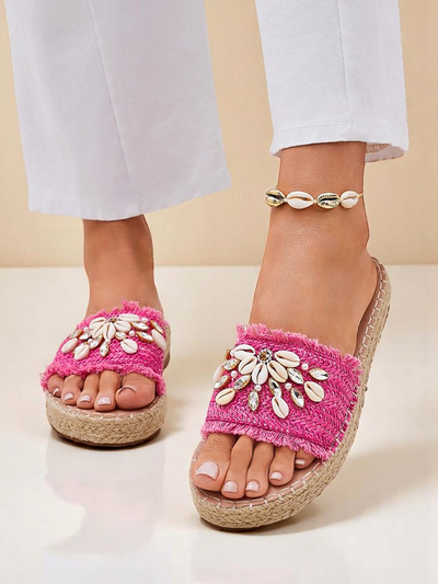 Damen Pantoletten Royalfashion Callista Fuchsia auf Plateau mit Muscheln