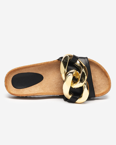 Sommerliche Ariadne Royalfashion Pantoletten mit großer goldener Kette, schwarzes Leder