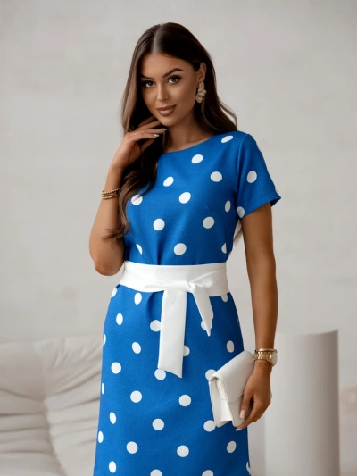 Royalfashion Damen-Kleid in Knielänge mit kurzen Ärmeln und gepunktetem Bindegürtel