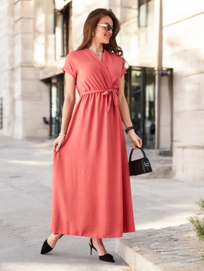 Royalfashion Damen-Midikleid mit Wickelausschnitt, kurzen Ärmeln und einem Gürtel