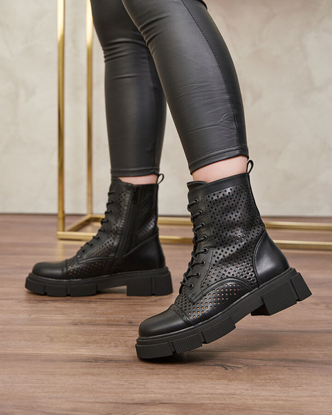 Schwarze durchbrochene Damenstiefeletten mit flachem Absatz Rolika - Footwear