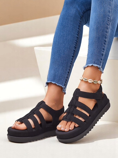 Damen Sandalen Heraclea Royalfashion auf Plateau schwarz aus Öko-Leder