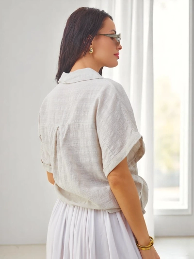 Royalfashion Damen Baumwollhemd mit Prägung und kurzen Ärmeln