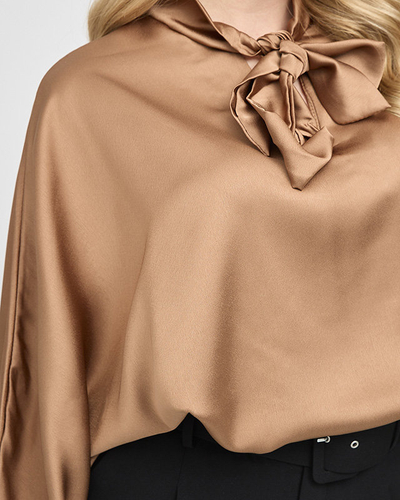 Braune lange Satinbluse mit Bindung - Kleidung