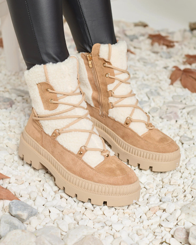 Royalfashion Beige Damen Trapperstiefel mit Schafsfell Getatsa