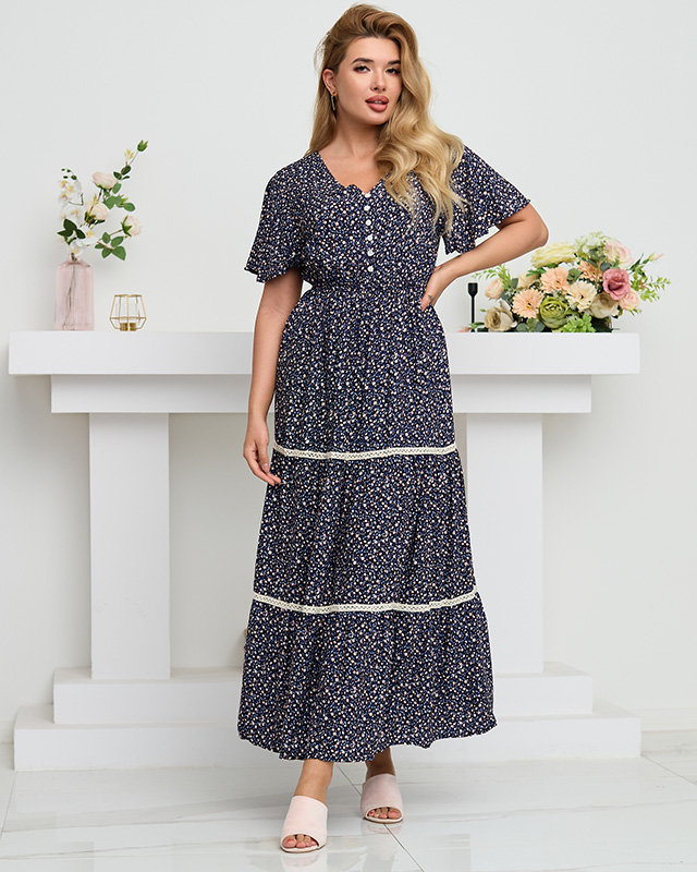 Marineblaues Maxikleid mit ausgestelltem Blumenmuster - Kleidung