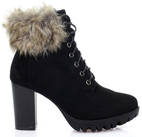 Czarne botki na słupku z futerkiem - Obuwie
