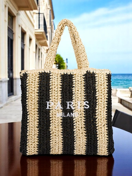 Royalfashion Große Strohtasche für Damen, Strohtasche mit Streifen