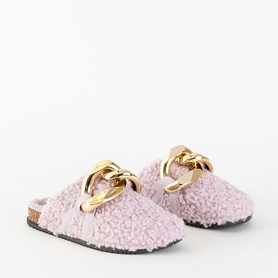 Violette Damenhausschuhe mit Lammfell und Kette Juka - Schuhe