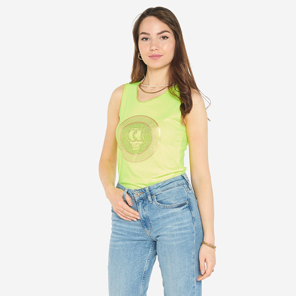 Gelbe neonfarbene Trägerbluse mit Aufdruck und Zirkonia - Bekleidung