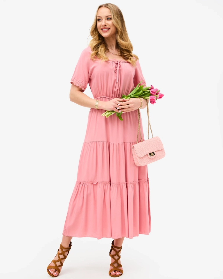 Rosa langes Damenkleid mit kurzen Ärmeln- Kleidung