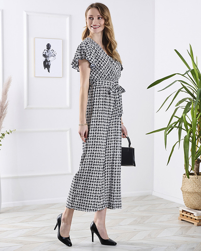 Візерунчастий довгий жіночий костюм на зав'язках темно-синього кольору - Одяг