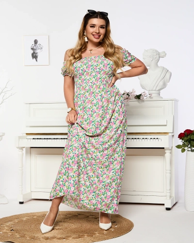 Weißes und rosafarbenes Maxikleid für Damen mit Blumendruck - Kleidung