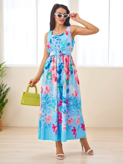 Royalfashion Damen Viskose-Midi-Kleid mit Trägern, ausgestattet mit einem Gürtel in verschiedenen Blumenmustern