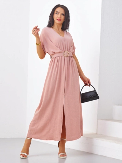 Royalfashion Damen Midi-Kleid mit kurzen Ärmeln, V-Ausschnitt und Schlitz in der Mitte