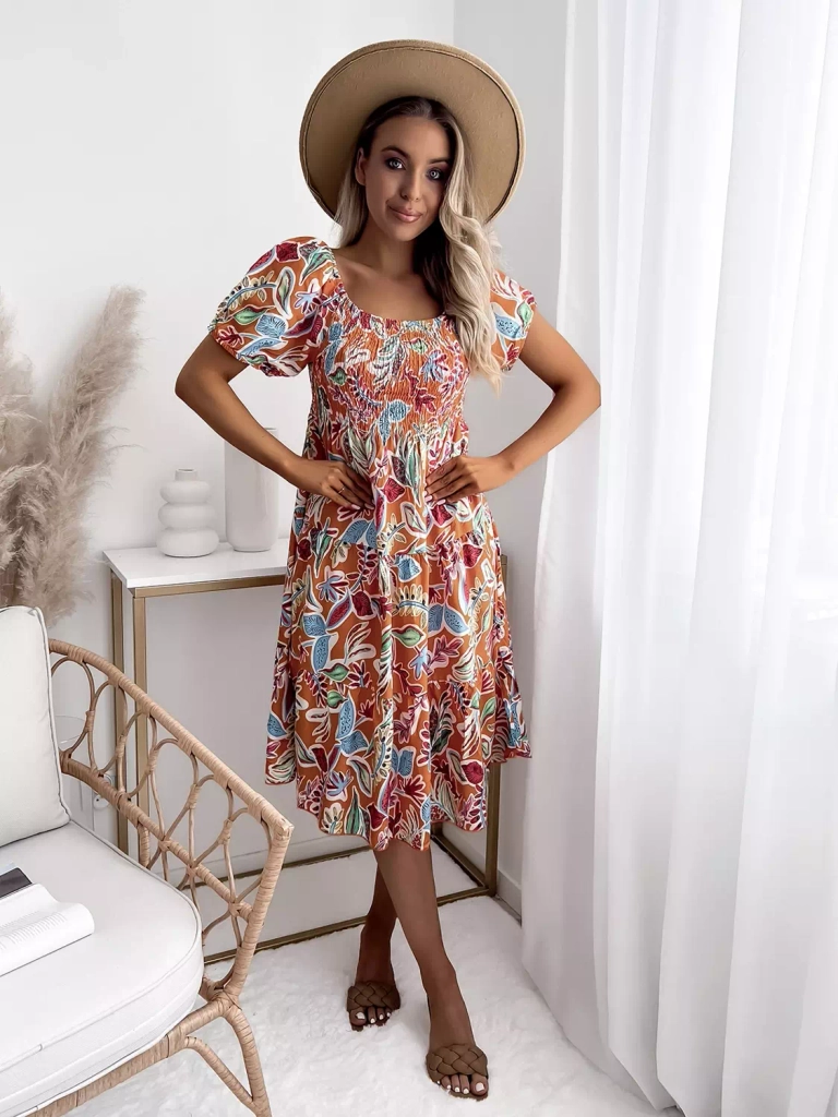 Orangefarbenes kurzes Damenkleid mit offenen Schultern - Kleidung