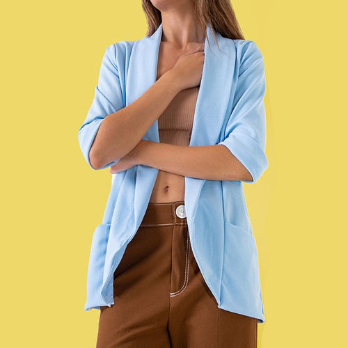 Блакитний жіночий піджак без застібки