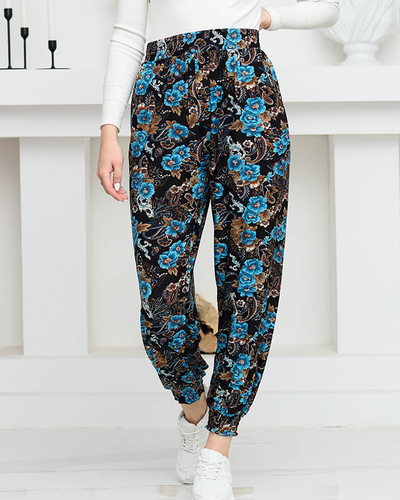 Schwarz-türkisfarbene Damenhose mit Blumen PLUS SIZE - Kleidung