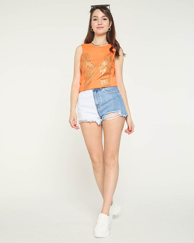 Orangefarbenes Damentop mit goldenem Flügelaufdruck - Kleidung