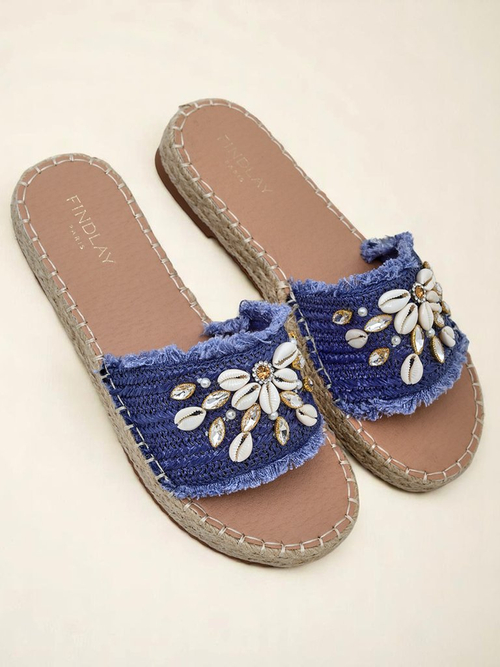 Літні шльопанці Royalfashion Calista – світло-блакитні з мушлями на плоскій підошві