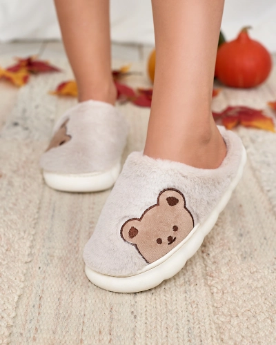 Royalfashion Damen-Pelzpantoffeln mit Teddybär in hellgrau Fetemes