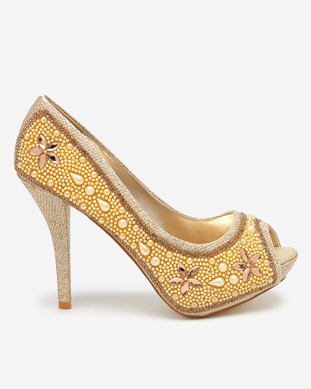 Gold Frauen Brokat Pumps mit Zirkonia und Gitana Perlen - Schuhe
