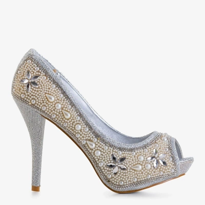 OUTLET Silberfarbene Damenbrokatpumps mit Zirkonen und Gitana-Perlen - Schuhe