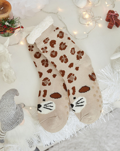 Royalfashion Warme beigefarbene Damensocken mit Giraffe