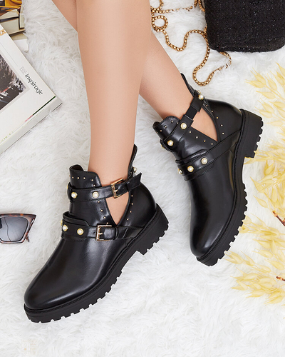 Royalfashion Schwarze Damenstiefel mit flachem Absatz und Verzierungen Pearl Elegance