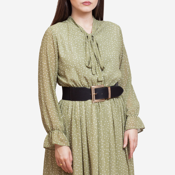 Schwarzer breiter Damengürtel mit großer goldener Schnalle mit Zirkonen - Accessoires