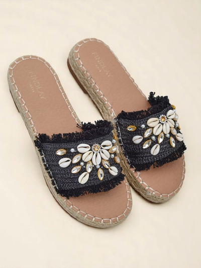 Damen Sandalen Royalfashion Helena Decor schwarze Espadrilles mit Muscheln