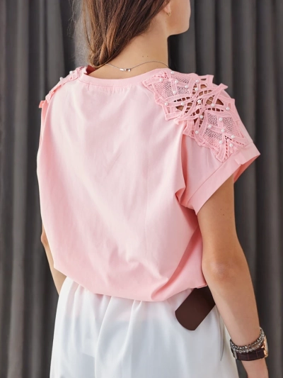 Royalfashion Damen Baumwoll-T-Shirt mit Spitzenärmeln