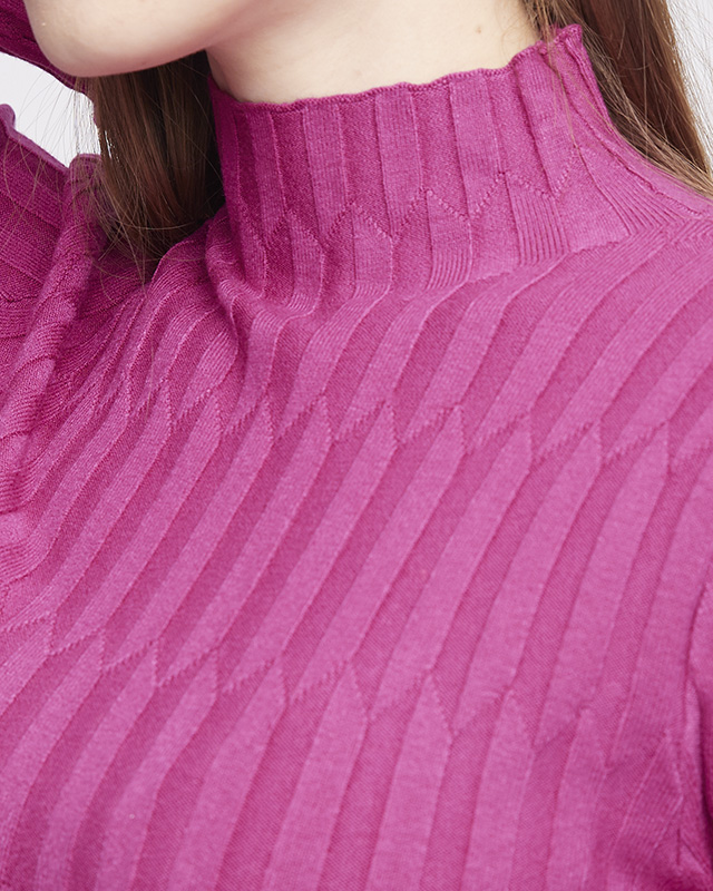 Fuchsia gerippter Damenpullover mit Stehkragen - Bekleidung