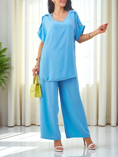 Royalfashion Damen Baumwollset mit kurzen Ärmeln und weiten Hosen