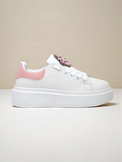 Damen-Sneakers Hypatia Bianco aus Öko-Leder mit Verzierung und rosa Akzent