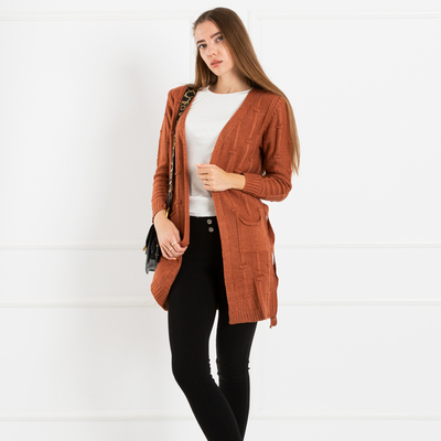 Damen braun gebundener Cardigan mit Taschen - Bekleidung