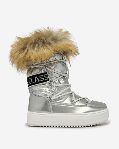 Royalfashion Kinder Schlupfschuhe a'la Schneestiefel mit Fell in silber Asika