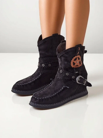 Royalfashion Damen Stiefeletten auf einem niedrigen Keil Indianas