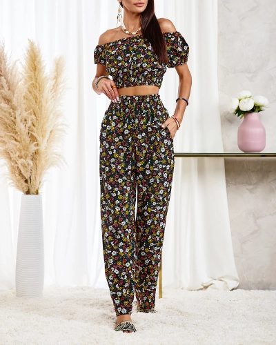 Royalfashion Schwarzes zweiteiliges Set für Damen mit Blumenmuster