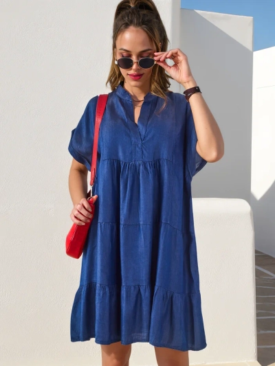 Royalfashion Genähte Damenshirt, das einem Jeanskleid ähnelt