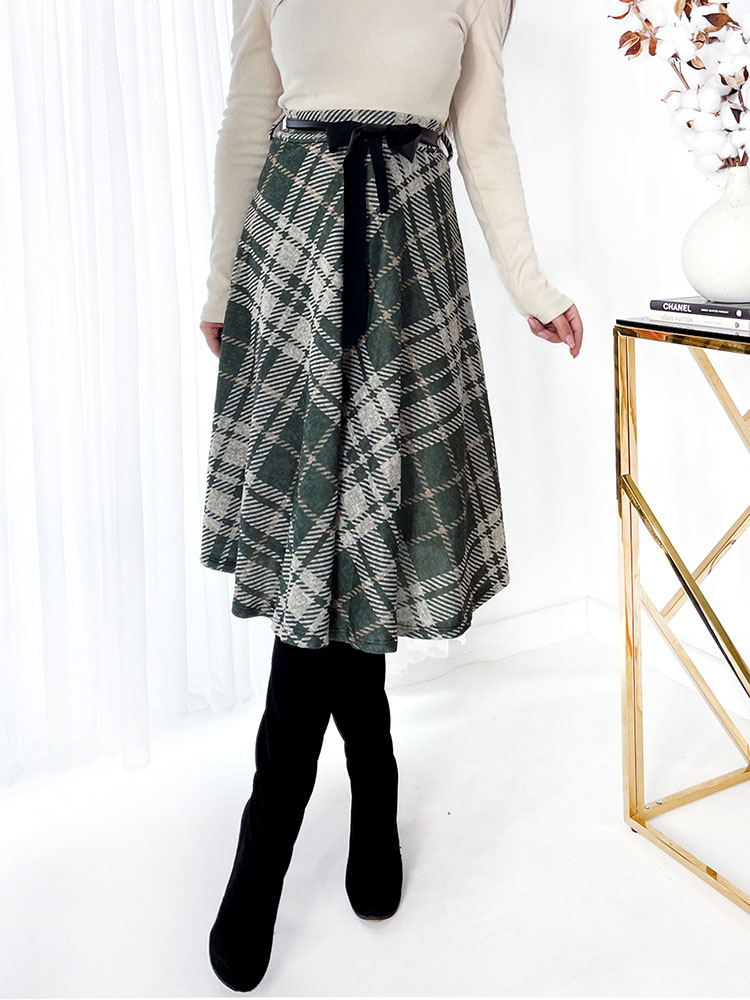 Royalfashion Grün-grauer karierter Damen-Midirock