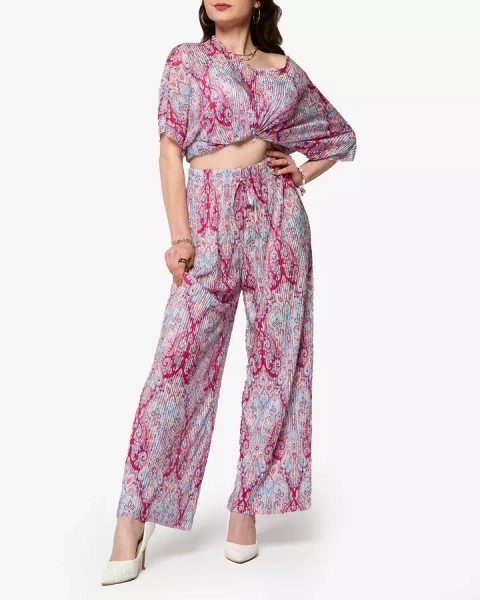 Fuchsia-blaues geripptes Damenset mit Druck- Kleidung
