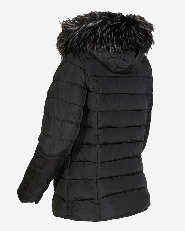 Schwarze Damen-Steppjacke mit Kapuze und Pelz- Kleidung