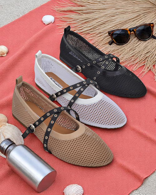Балетки Royalfashion Calista Bianca – сітчасті білі жіночі туфлі з чорними ремінцями