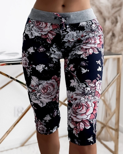 Marineblaue und korallfarbene 3/4 Shorts für Damen mit Blumenmuster PLUS SIZE - Bekleidung
